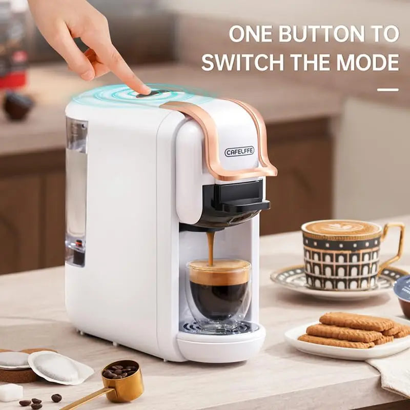 Cafelffe 4In1 Capsule Coffee Machine, white with rose-gold trim, brews espresso into a cup