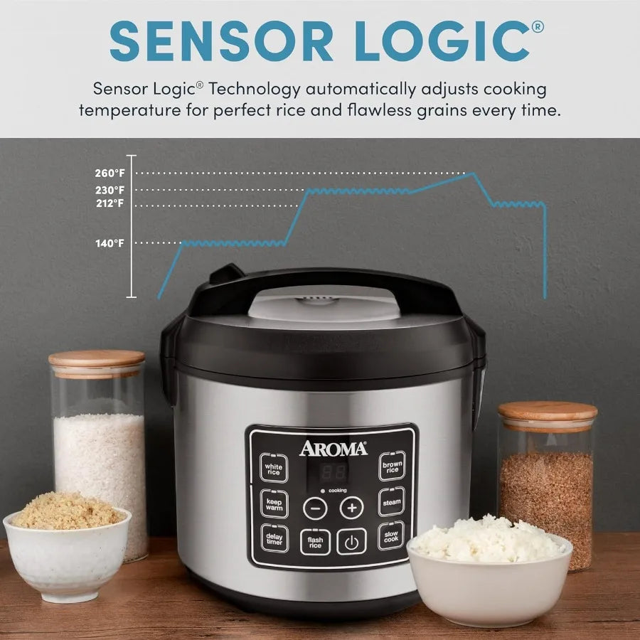 AROMA rice cooker with stainless steel exterior and digital control panel; two glass jars of rice nearby.