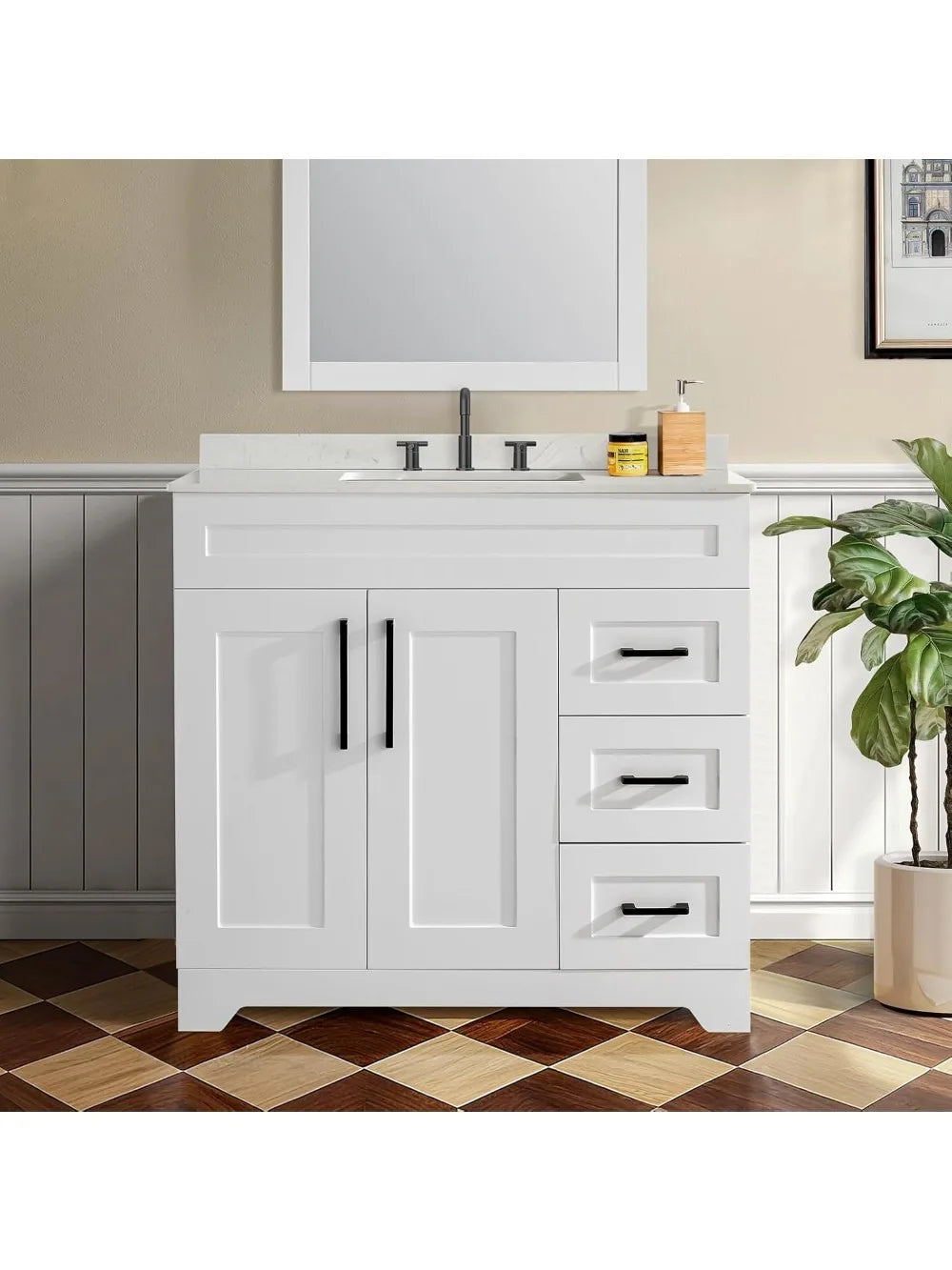 Luxurious Bathroom Vanity With Stone Countertop And Rectangle Sink