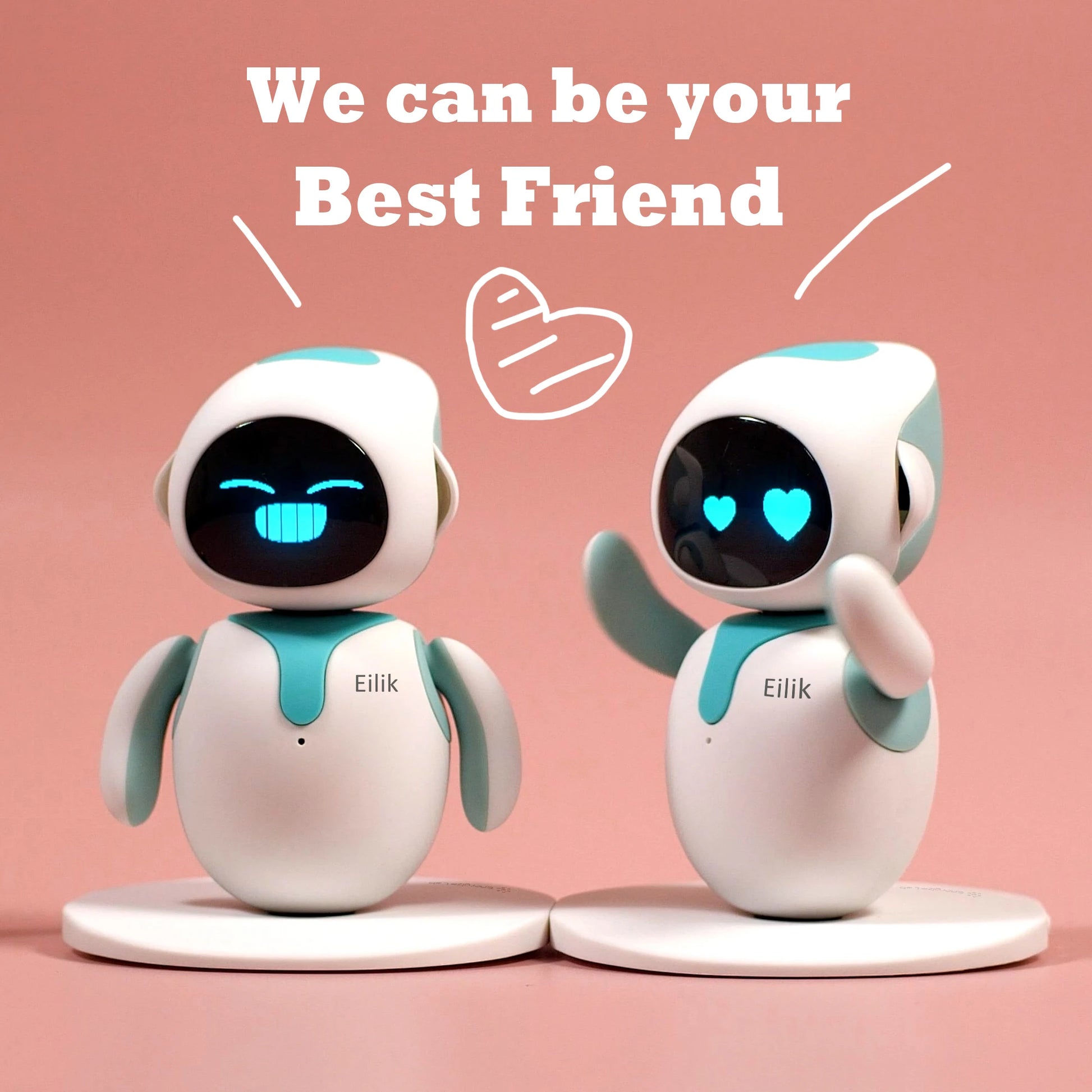 Two Eilik robots with white bodies and teal accents on white bases against a pink background.