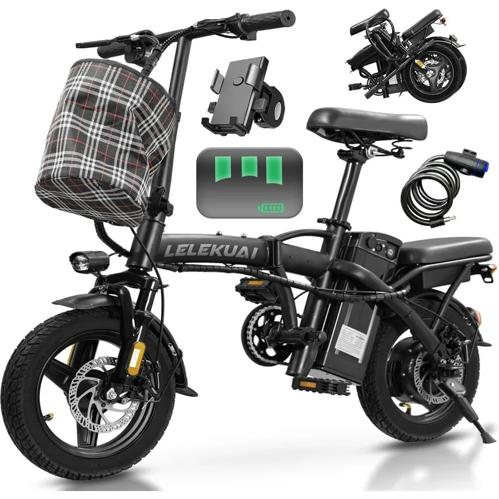 Foldable mini electric bicycle by S And B Enterprise, black frame with plaid front basket