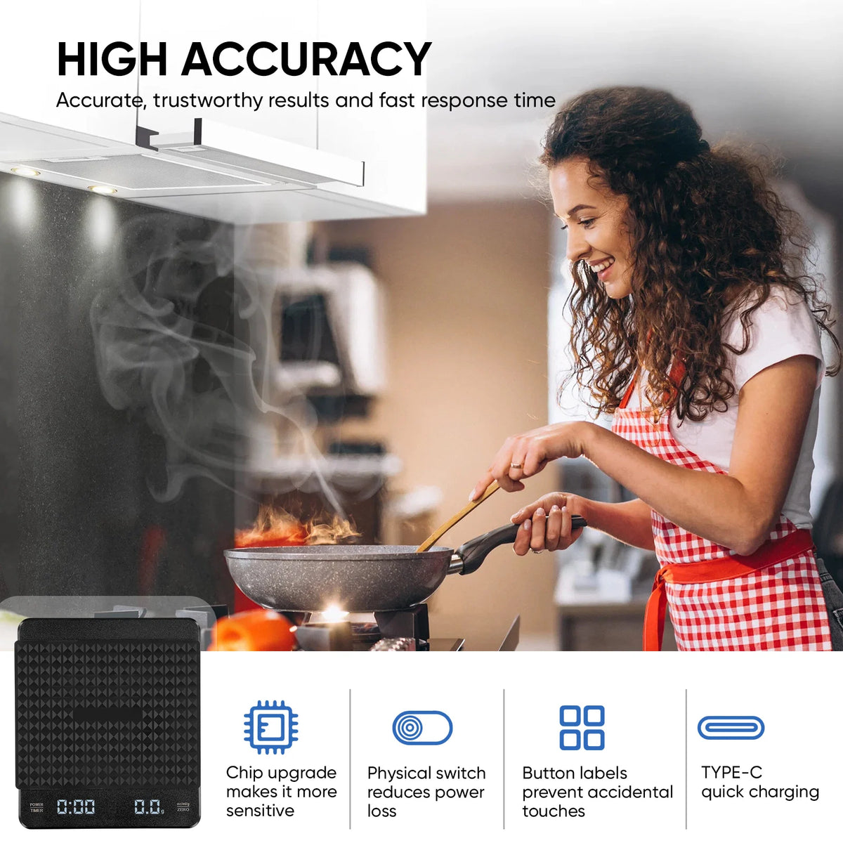 Kitchen coffee scale with timer, black digital scale with blue display on a kitchen counter beside a frying pan