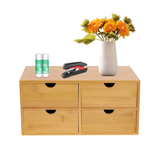 Bamboo desktop organizer with 4 drawers by S And B Enterprise on a wooden table, beside a vase of sunflowers.