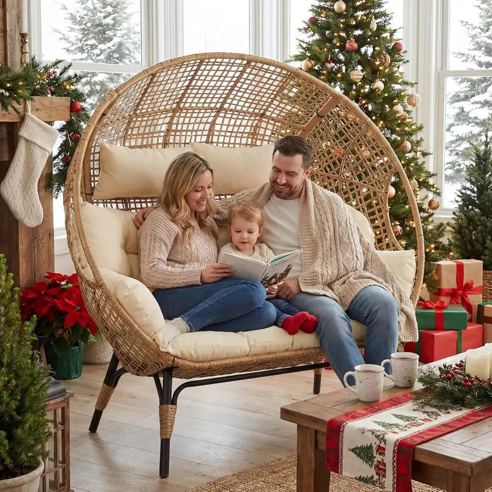 Oversized double egg chair wicker loveseat with beige cushions on sturdy rattan frame for outdoor patio.