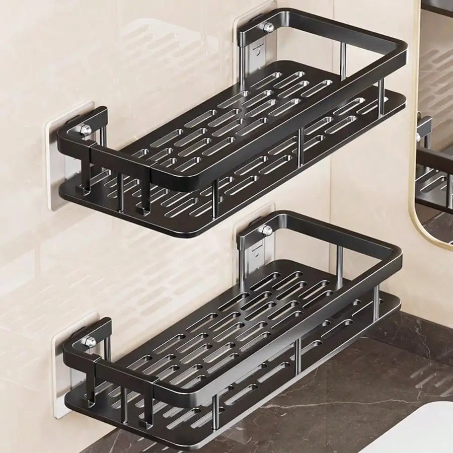 Two-tier black aluminum drill-free bathroom wall shelf set by S And B Enterprise (2 shelves)