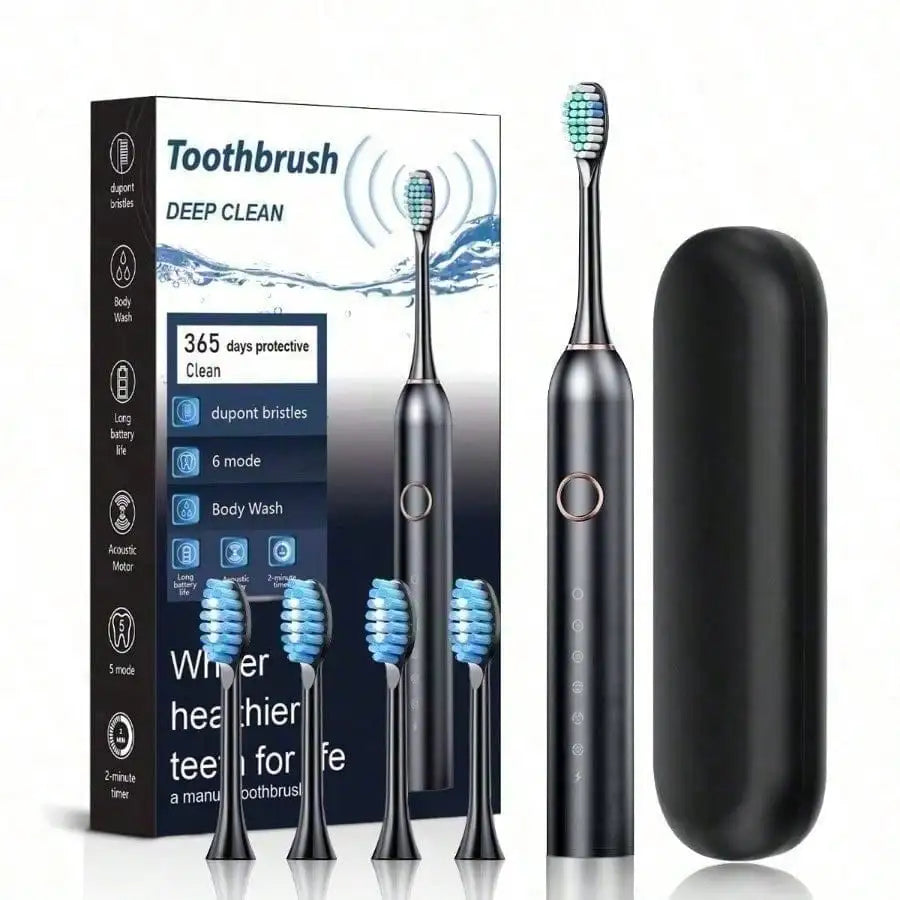 Toothbrush set by S And B Enterprise; sonic electric, USB rechargeable, soft bristles, four heads and travel case