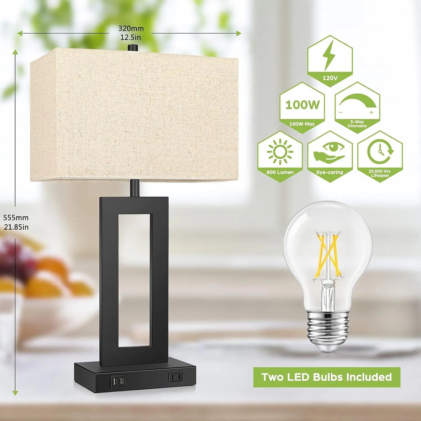 2 Pack Touch Control Table Lamp With USB Ports Dimmable Nightstand