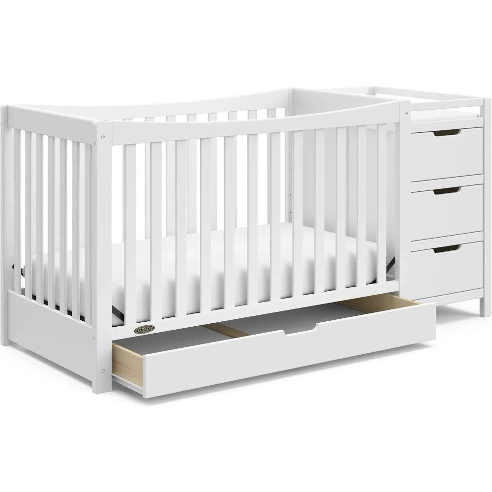 4-in-1 convertible crib with changer by S And B Enterprise, white finish with under-crib storage drawer