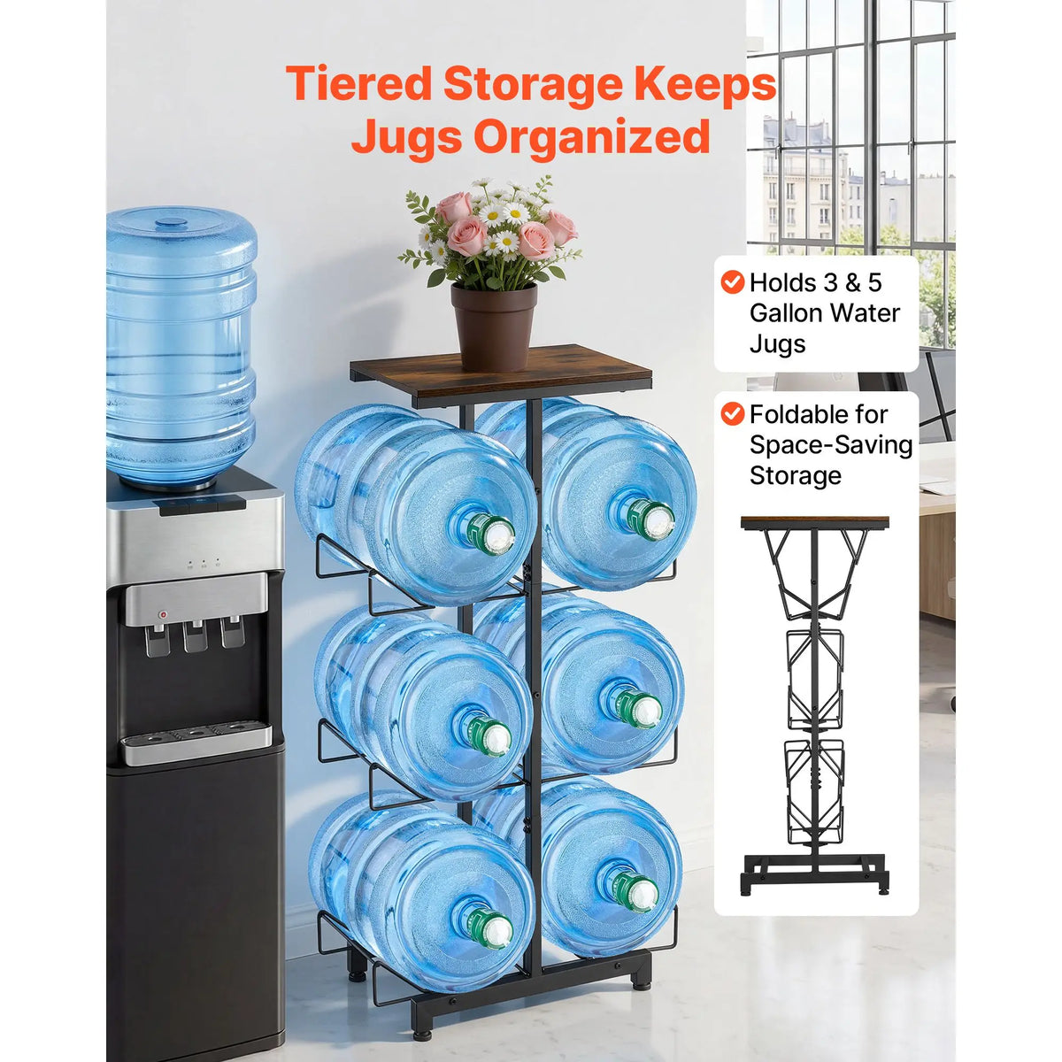 Water Jug Holder, 4 Tiers Double Rows 3 and 5 Gallon Water Bottle Holder for 6 Bottles, Heavy Duty Jug Rack Organizer with Handles, Foldable for Kitchen, Office, Living Room, Black and Brown