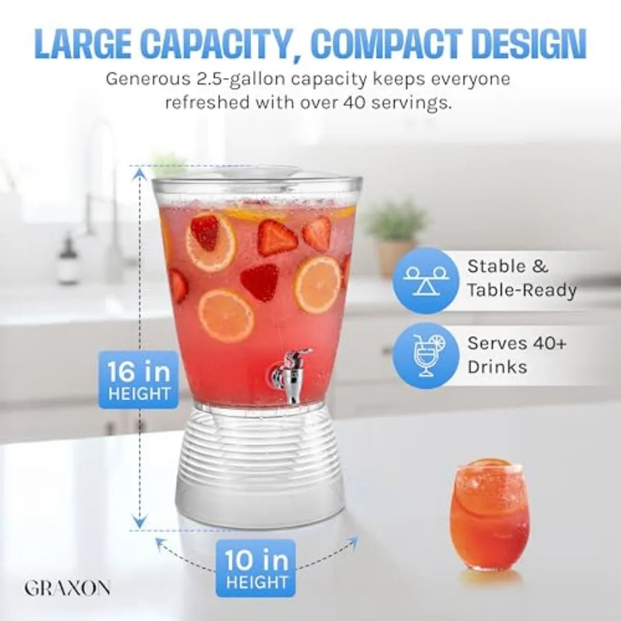 Drink Dispenser, clear plastic 2.5-gallon capacity with a spigot on a ribbed base; serves 40+ drinks