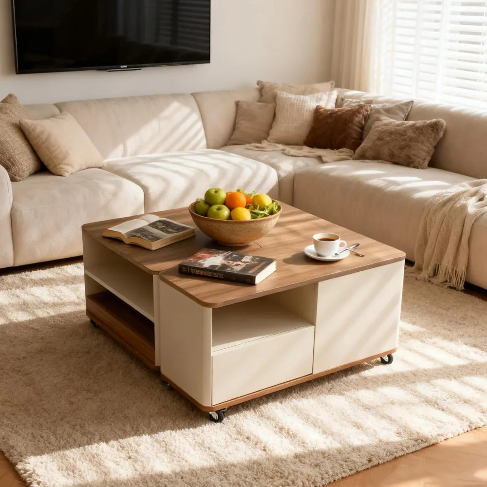 Farmhouse Wood Coffee Table With Wheels And Storage