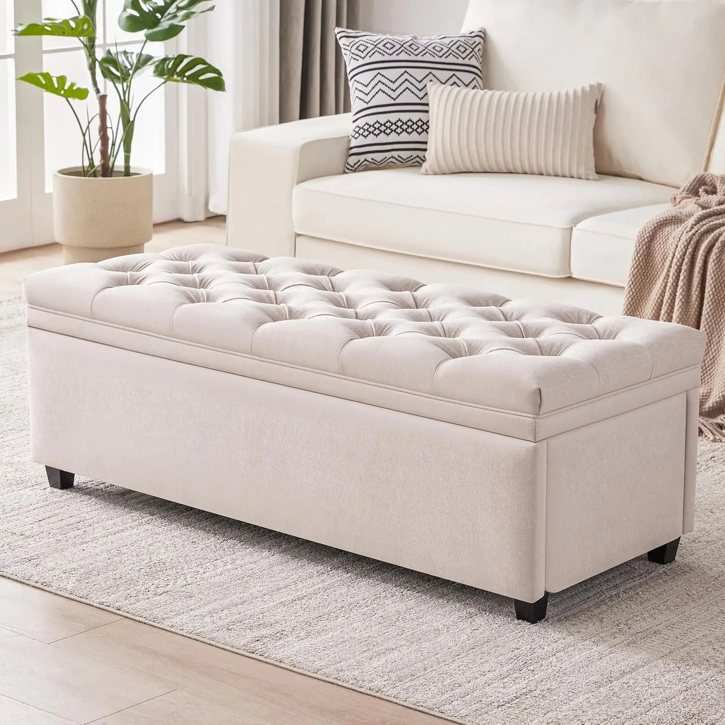 Tufted Storage Ottoman Bench With Linen Top For Living Room