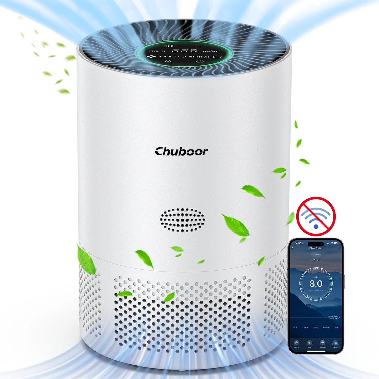 Chuboor white cylindrical air purifier with circular digital control top; S And B Enterprise brand.