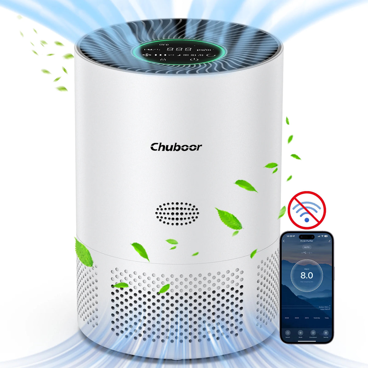 Chuboor white cylindrical air purifier with circular digital control top; S And B Enterprise brand.