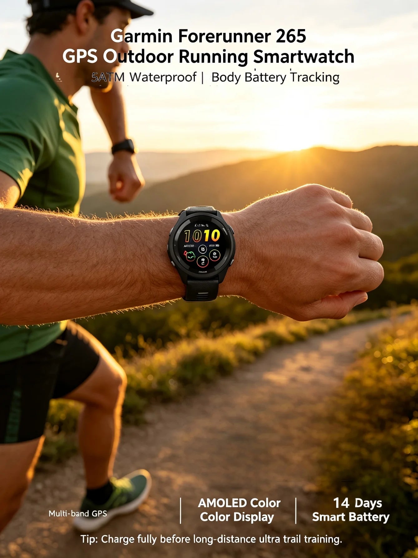 Garmin Forerunner 265 multi-band GPS running smartwatch on a wrist with a black band; AMOLED color display.