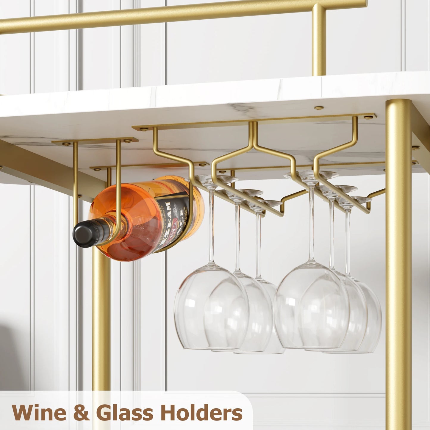 Gold 3-tier drinks trolley bar cart with wheels, wine rack and glass holders