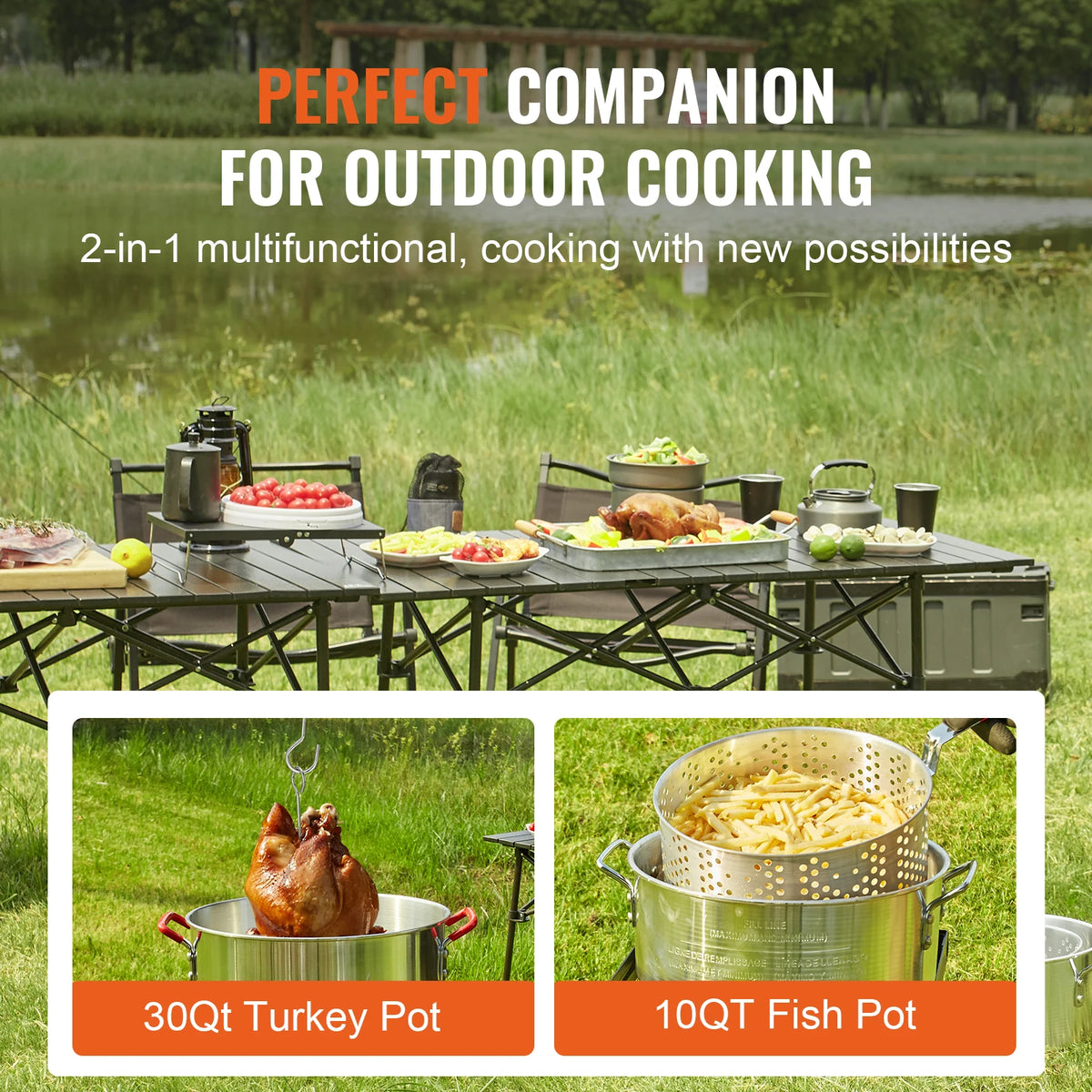 Stainless steel gas turkey fryer kit with 30 qt turkey pot and 10 qt fish pot on outdoor table