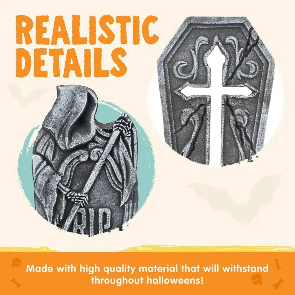 17in foam Halloween tombstones; 2 gray headstones with cross and hooded reaper designs