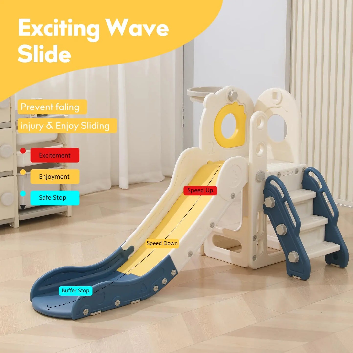 Freestanding Toddler Slide, 5 in 1 Kids Indoor Playset for Toddlers 1-3，L Shaped Slide with Basketball Hoop，Baby Climber for Indoor Outdoor for Boys and Girls Birthday, Sturdy Playground Toy by S And B Enterprise
