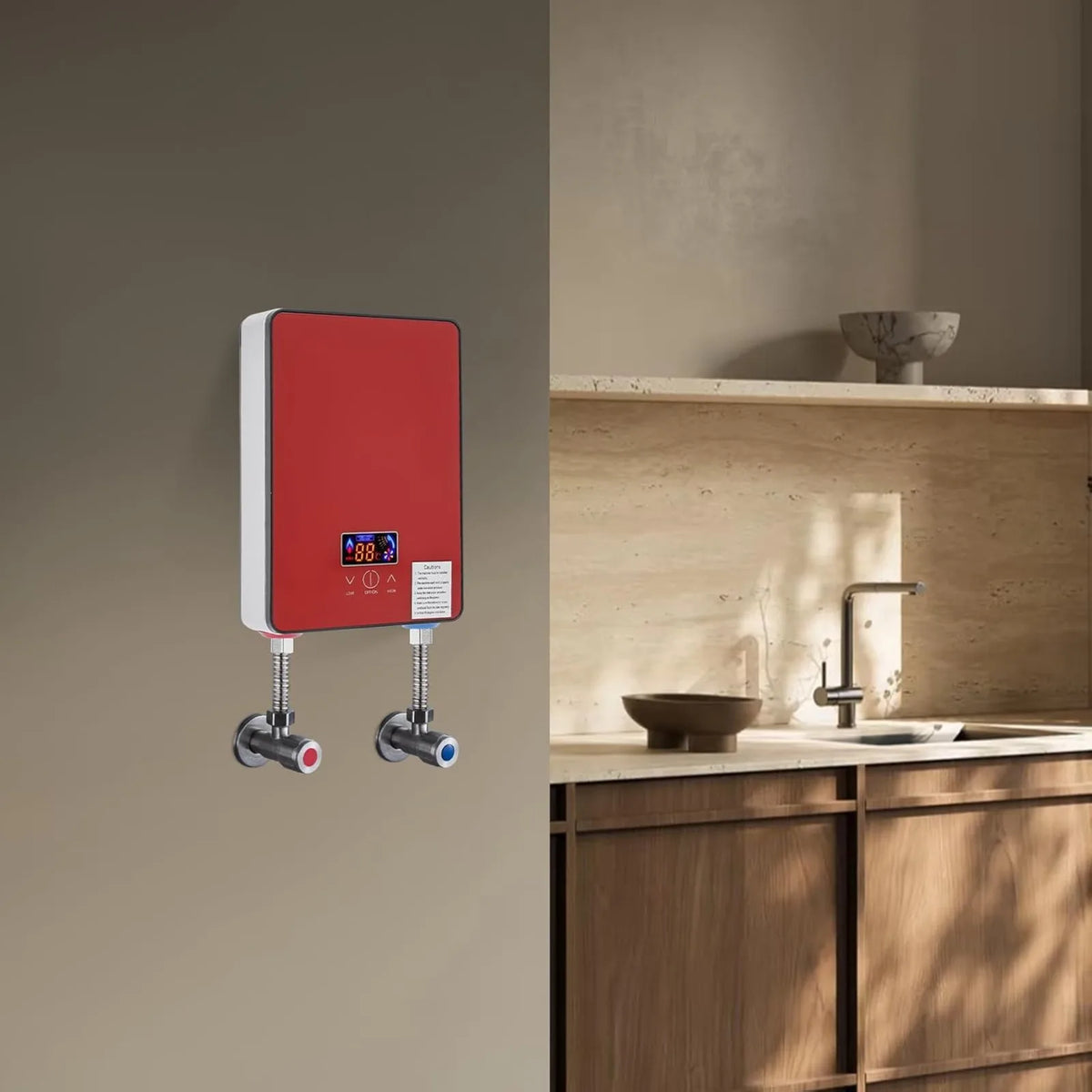6500W red wall-mounted instant electric tankless water heater with LED display for under-sink use