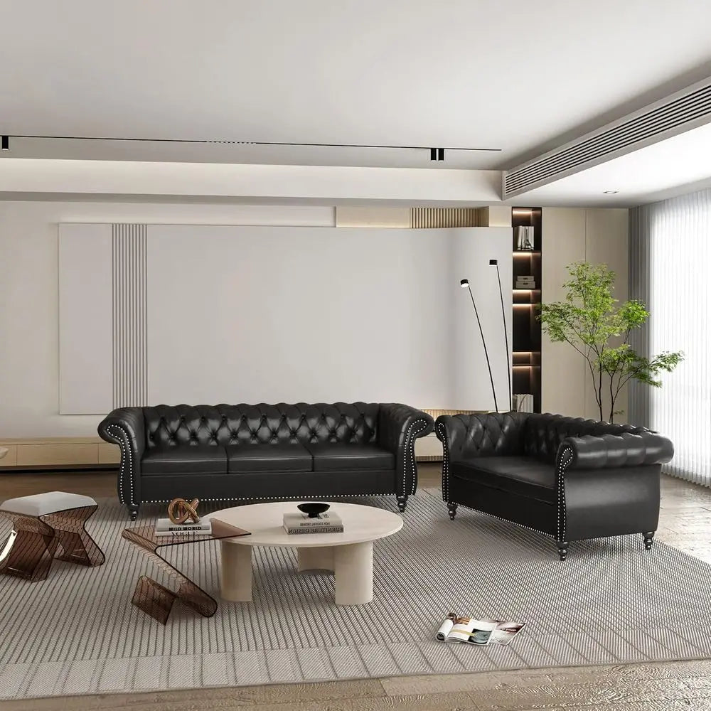 Chesterfield Leather Sofa And Loveseat Set With Scroll Arm by S And B Enterprise