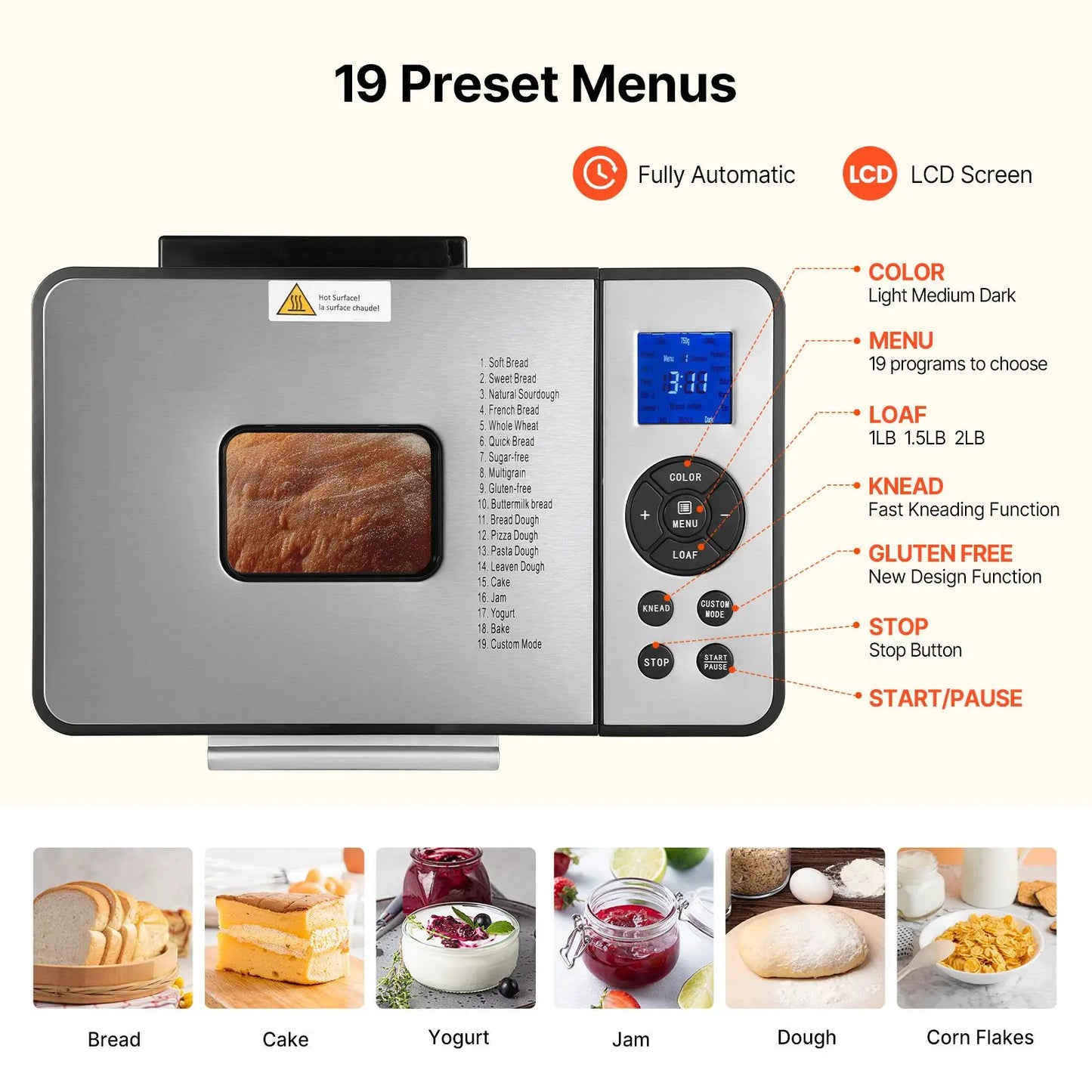 Bread Maker, 19-in-1 2LB Dough Machine, Nonstick Ceramic Pan Automatic Breadmaker with Gluten Free Setting, Whole Wheat Bread Making, Digital, Programmable, 3 Loaf Sizes, 3 Crust Colors by S And B Enterprise