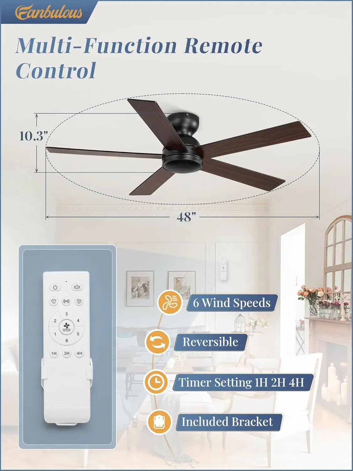 48" Flush Mount Ceiling Fan, Black, No Light, 6 Speeds, Quiet DC Motor, Remote Control, Indoor/Outdoor by S And B Enterprise