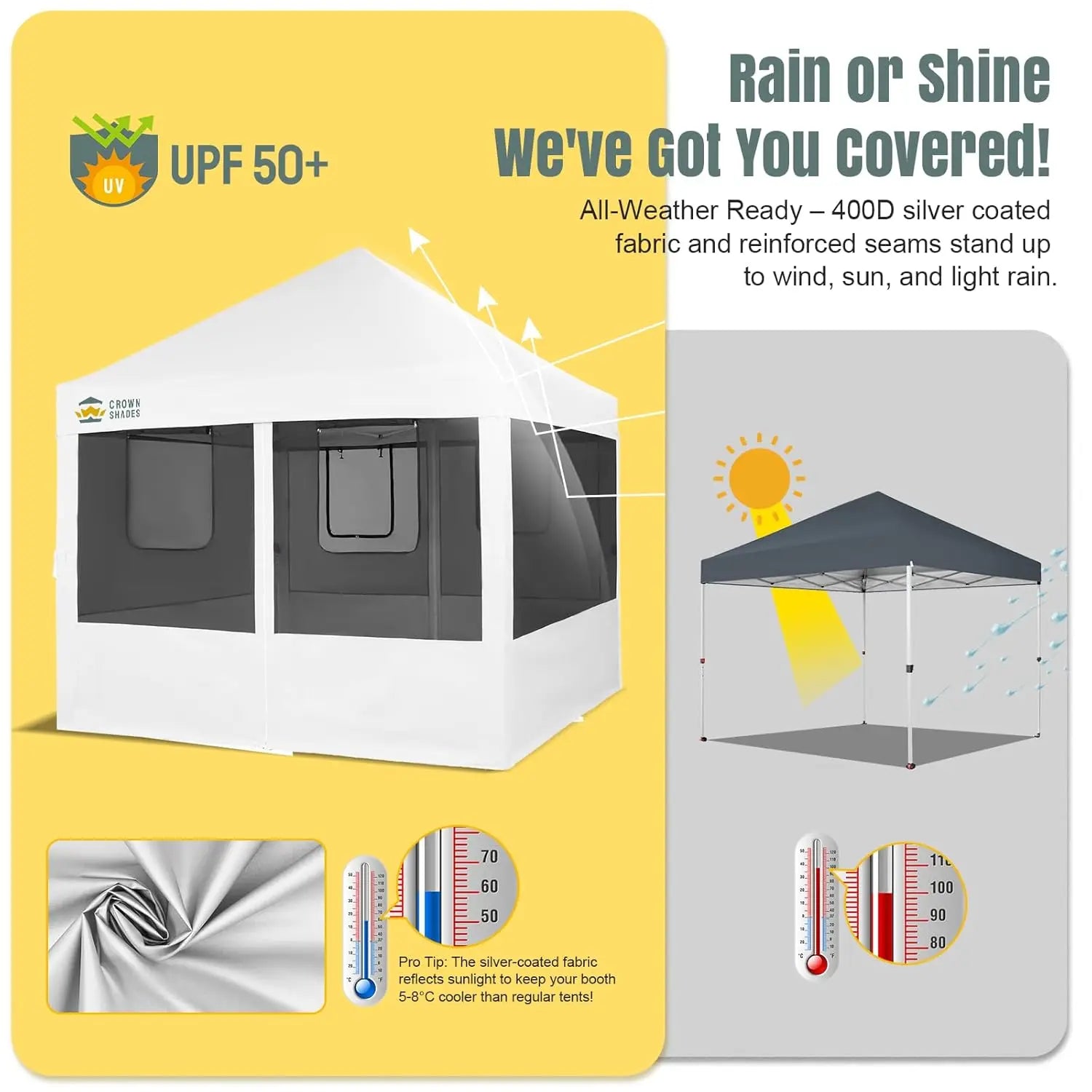 Pop up canopy tent with four mosquito-net panels, white frame, Crown Shades branding, 400D fabric.