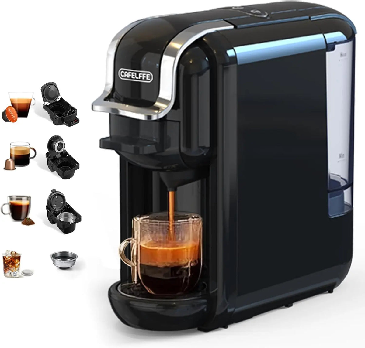 Cafelffe 4In1 capsule coffee machine, black, with 4 adapters for Nes Original/DG 44mm ESE pods and coffee powder
