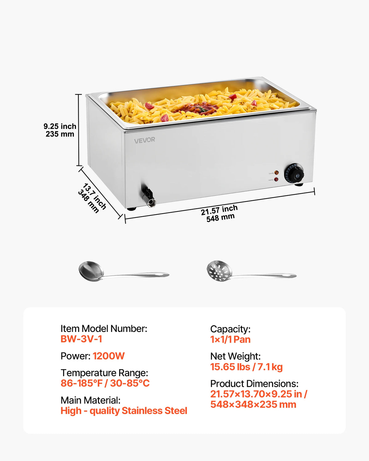 Stainless steel commercial food warmer with glass lid and temperature control, filled with pasta; VEVOR