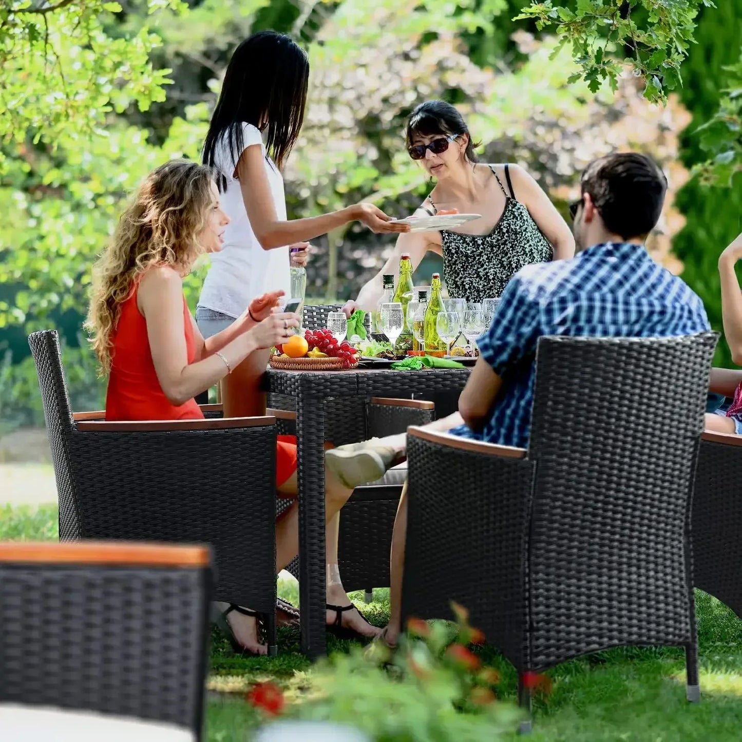 Outdoor 9 Piece Patio Dining Set With Acacia Wood Cushions