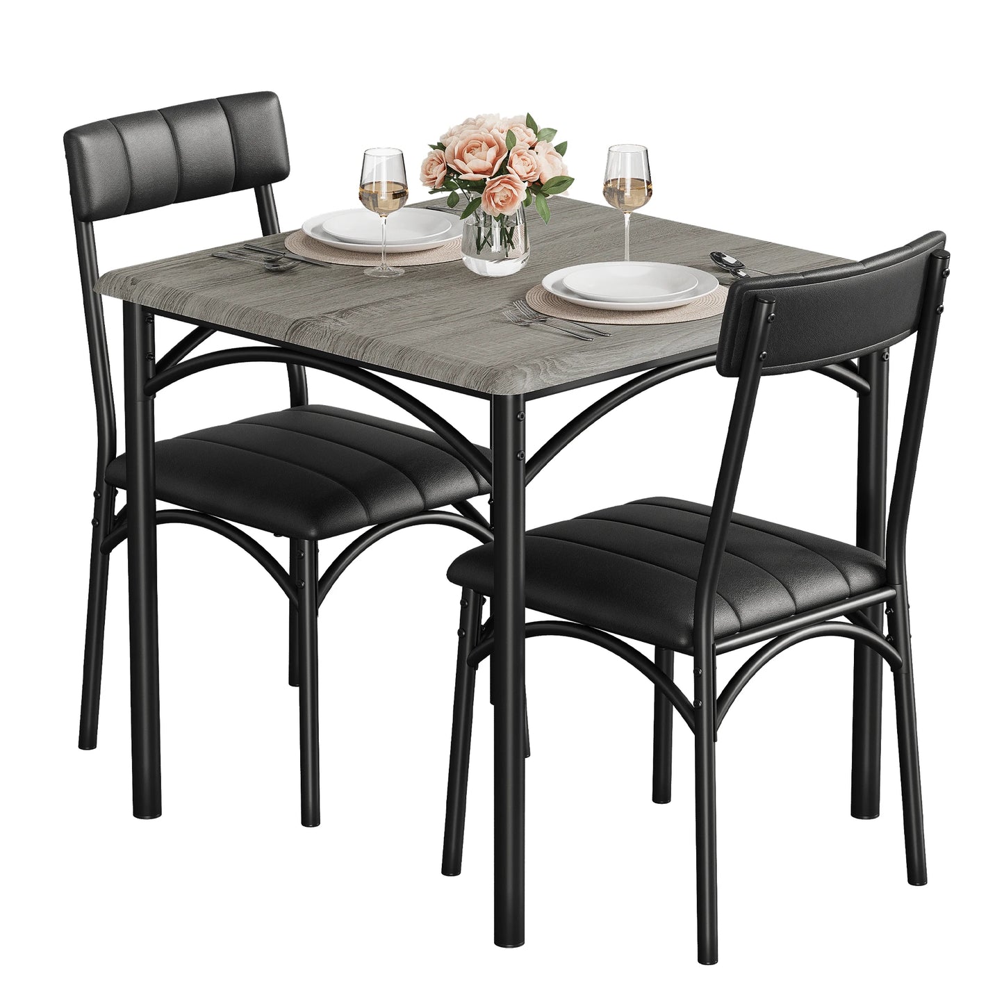 HiMISS Modern Compact Dining Table Set With Two Upholstered Chairs