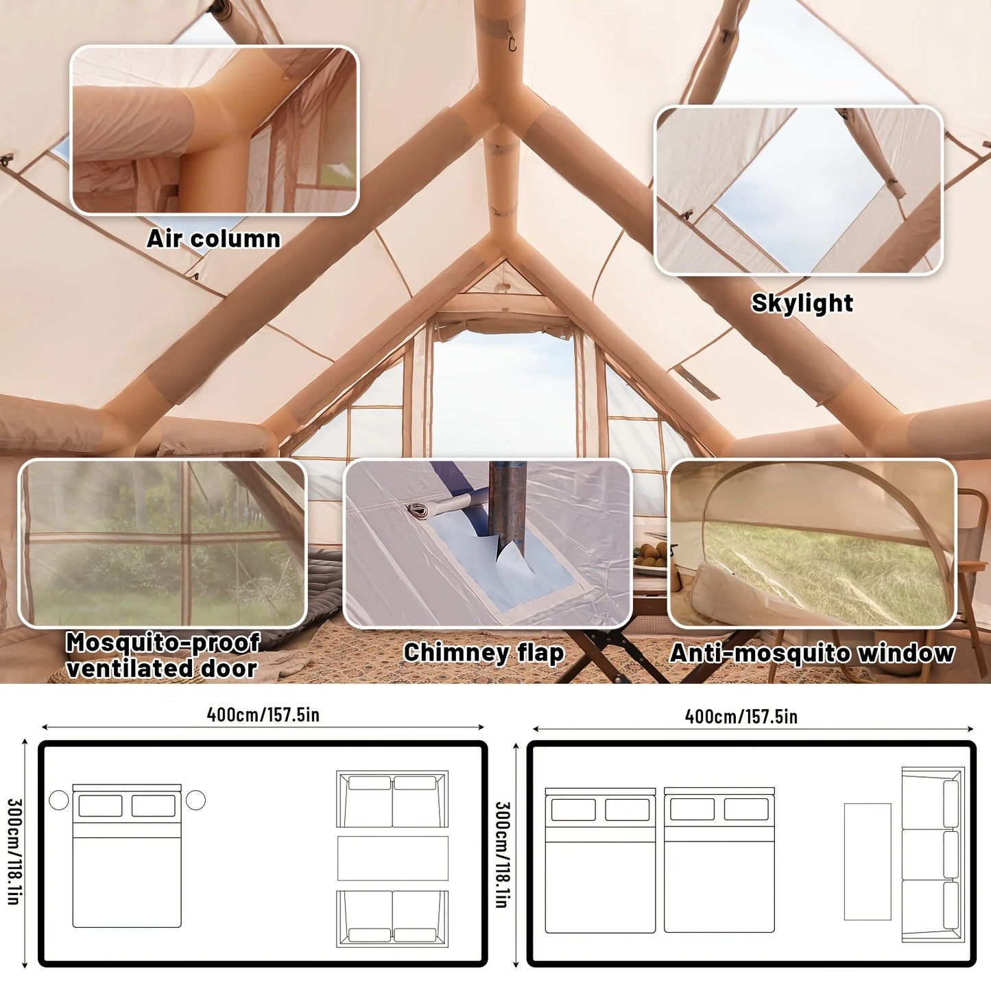 Pakicetus Inflatable Camping Tent With Skylight And Quick Air Flow