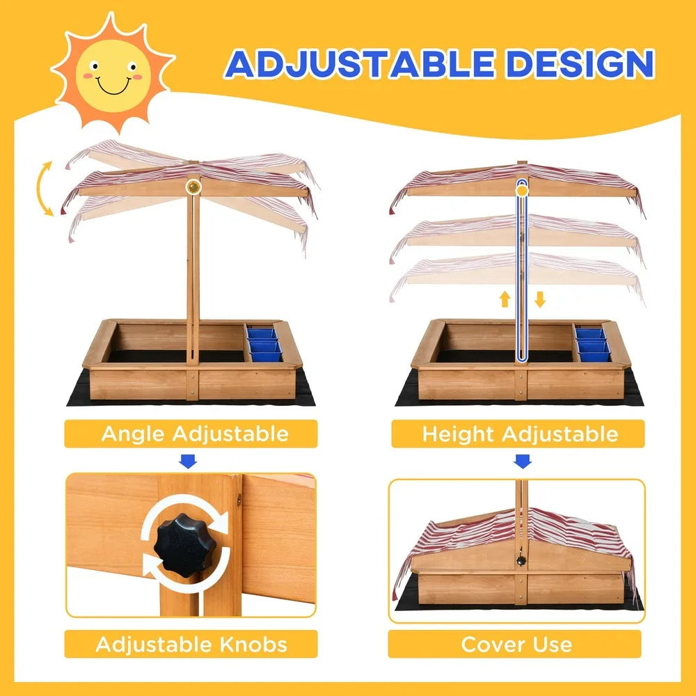 Kids Sandbox With Cover And Adjustable Canopy For Backyard
