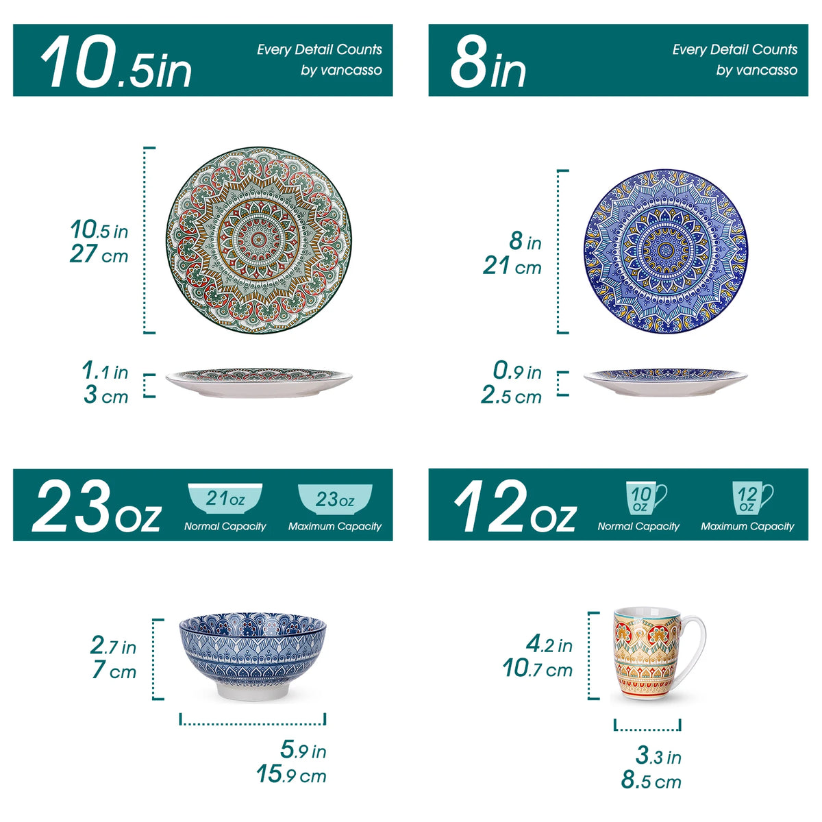 Vancasso ceramic dinnerware set by S And B Enterprise with Bohemian mandala plates and bowls (10.5in dinner, 8in dessert)