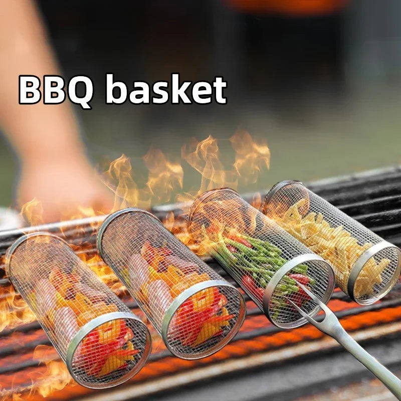 BBQ basket set of 4 cylindrical stainless steel mesh grill racks