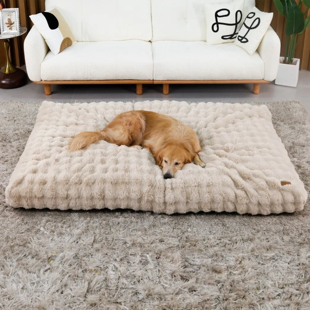 Ultra Plush dog bed with cream fluffy cushion for large dogs on a gray shag rug.