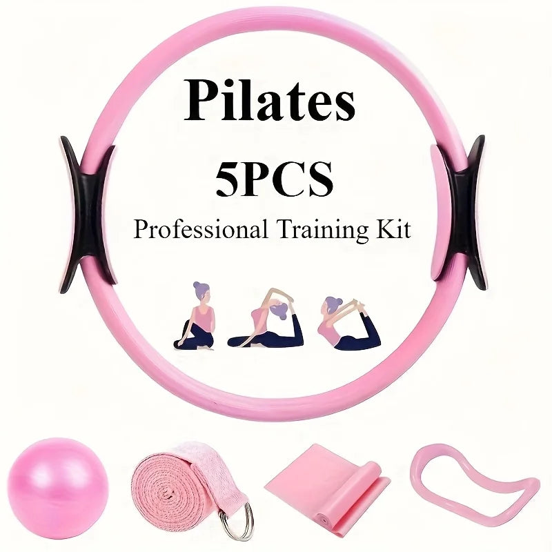 Yoga Pilates 5-piece set in pink with ring, ball, strap, mat, and loop