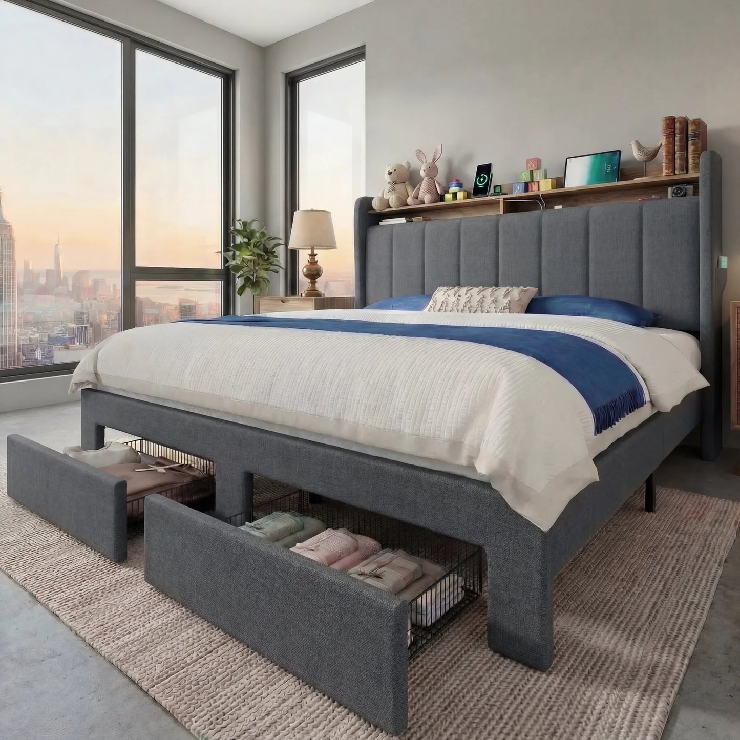 HOOMIC Bed Frame With Storage Drawers, Shelves, And LED Lighting