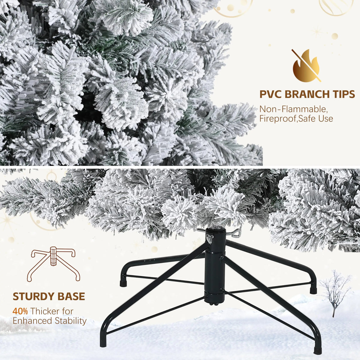 Flocked artificial Christmas tree with snowy branches and warm white LED lights on a metal stand, 6–7.5 ft
