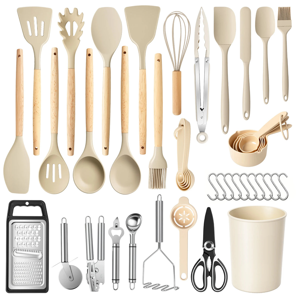 Silicone Wooden-Handle 44-Piece Non-Stick Kitchen Utensil Set, beige with wood handles