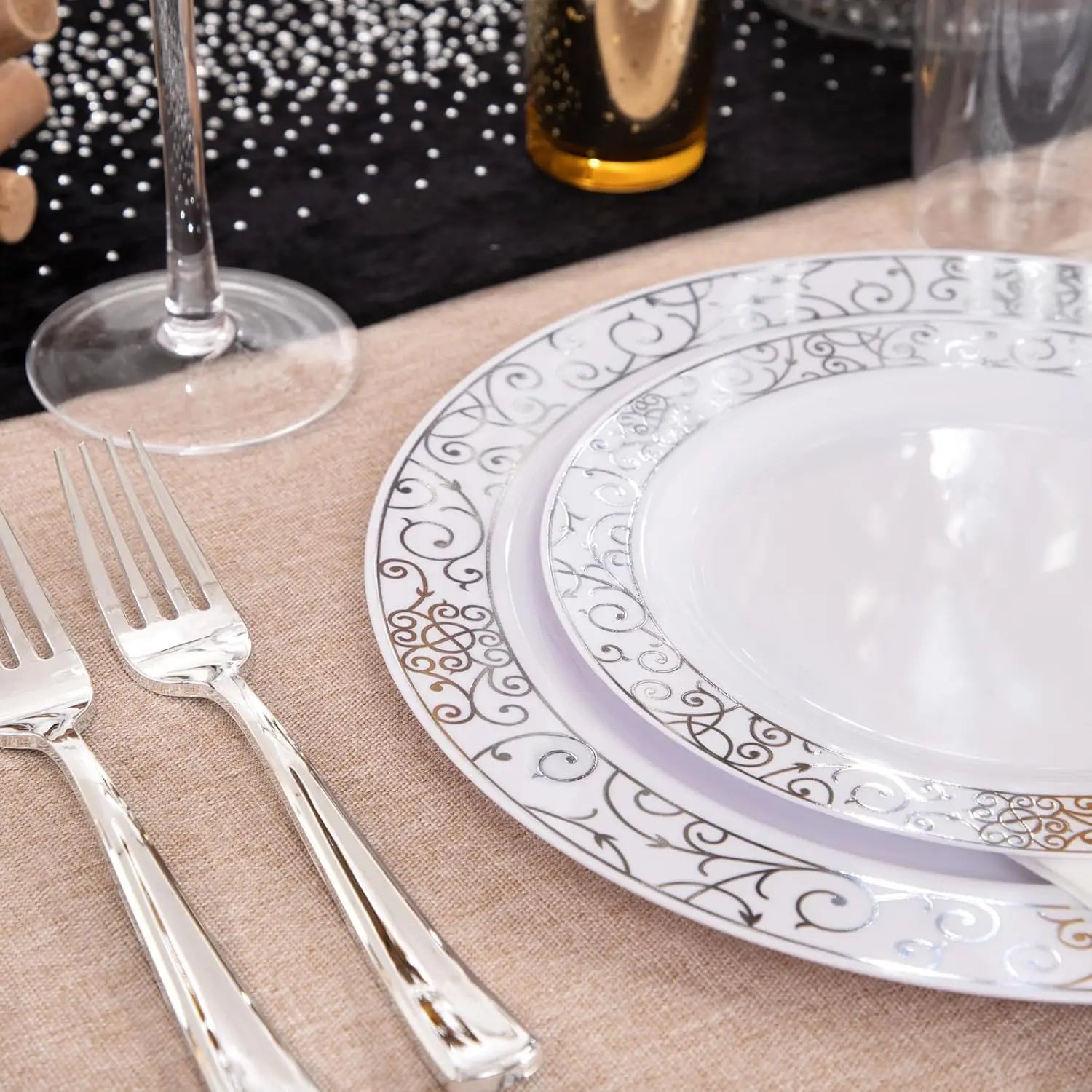 LIYH 700 Pcs Silver Plastic Disposable Dinnerware Set for 100 Guests - Includes Plates, Cups, Napkins and Cutlery Elegant White by S And B Enterprise