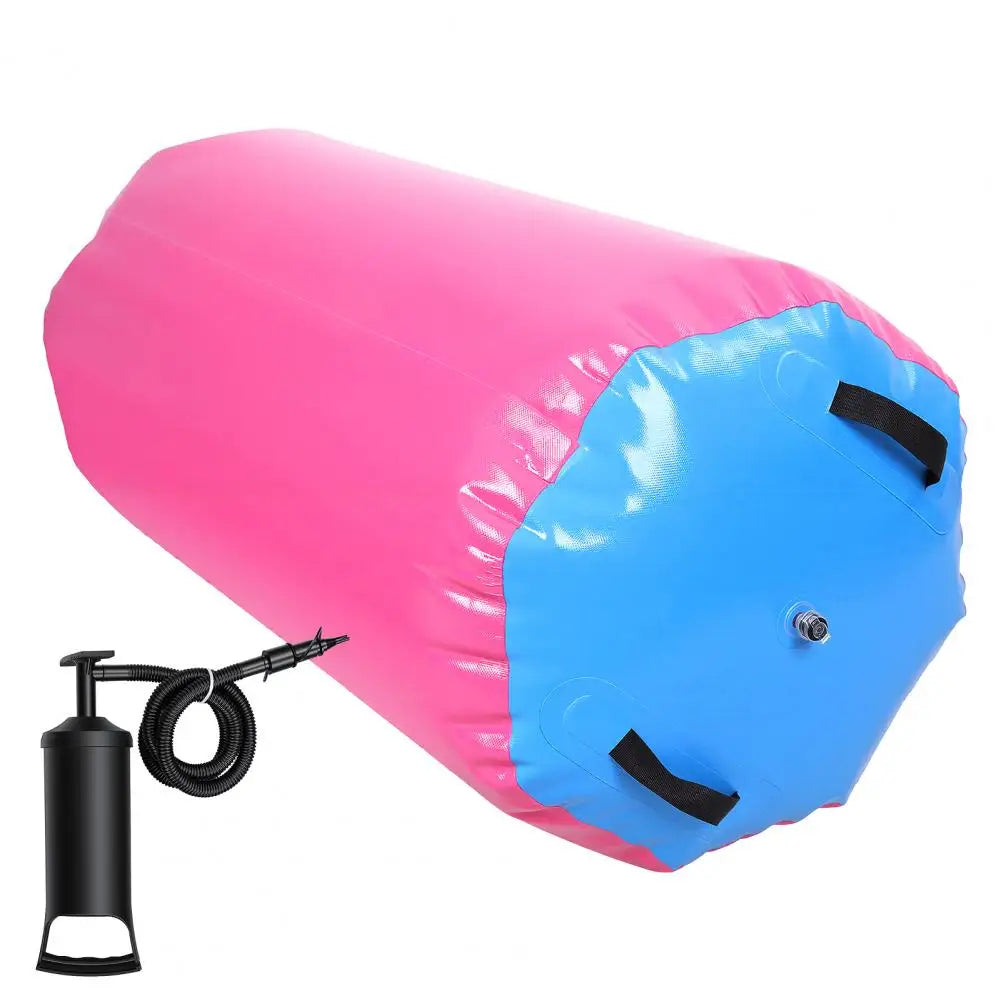 Air roller gymnastics barrel by S And B Enterprise, pink inflatable tumbling roller with blue ends and air pump