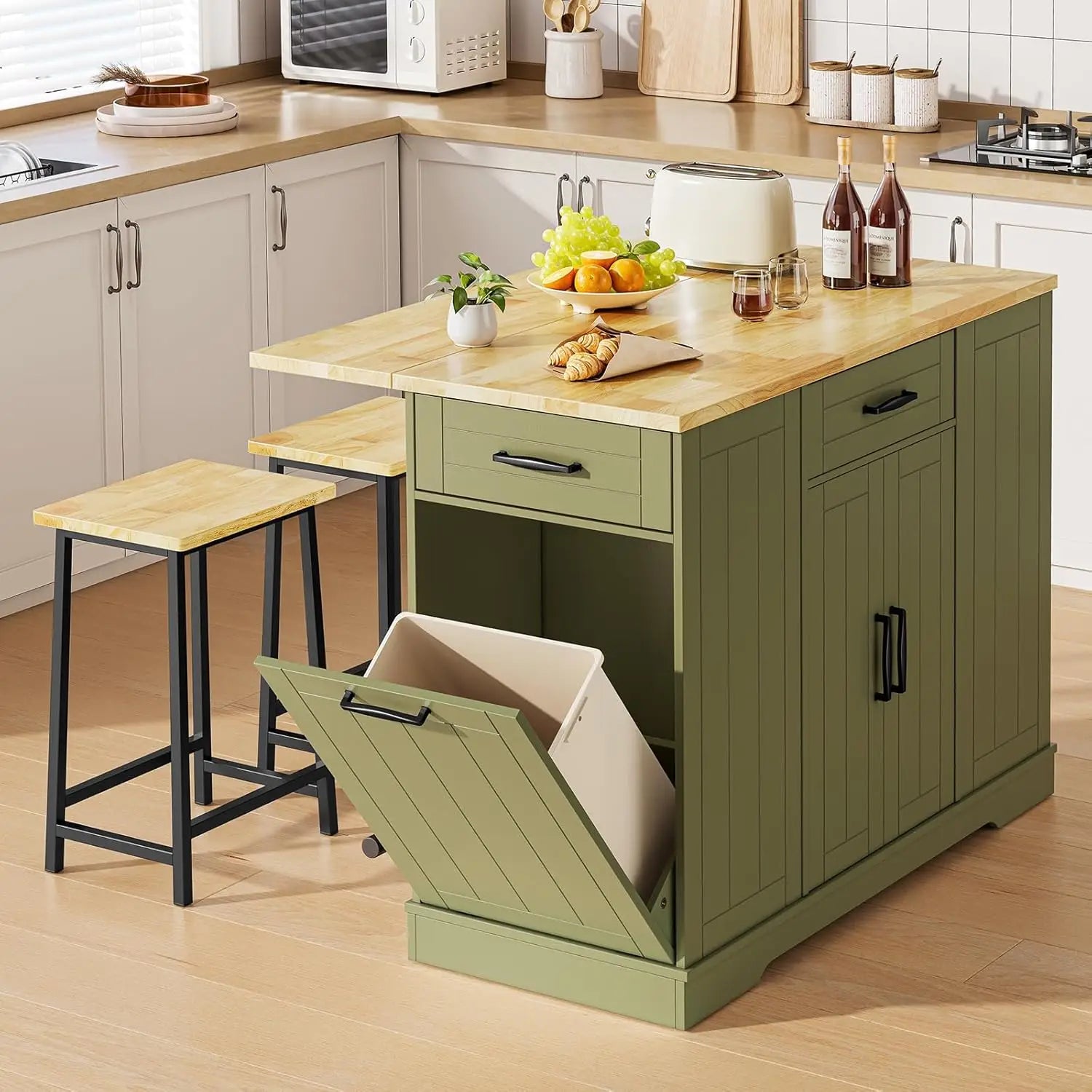 ONBRILL Stationary Kitchen Island With Storage And Two Chairs by S And B Enterprise