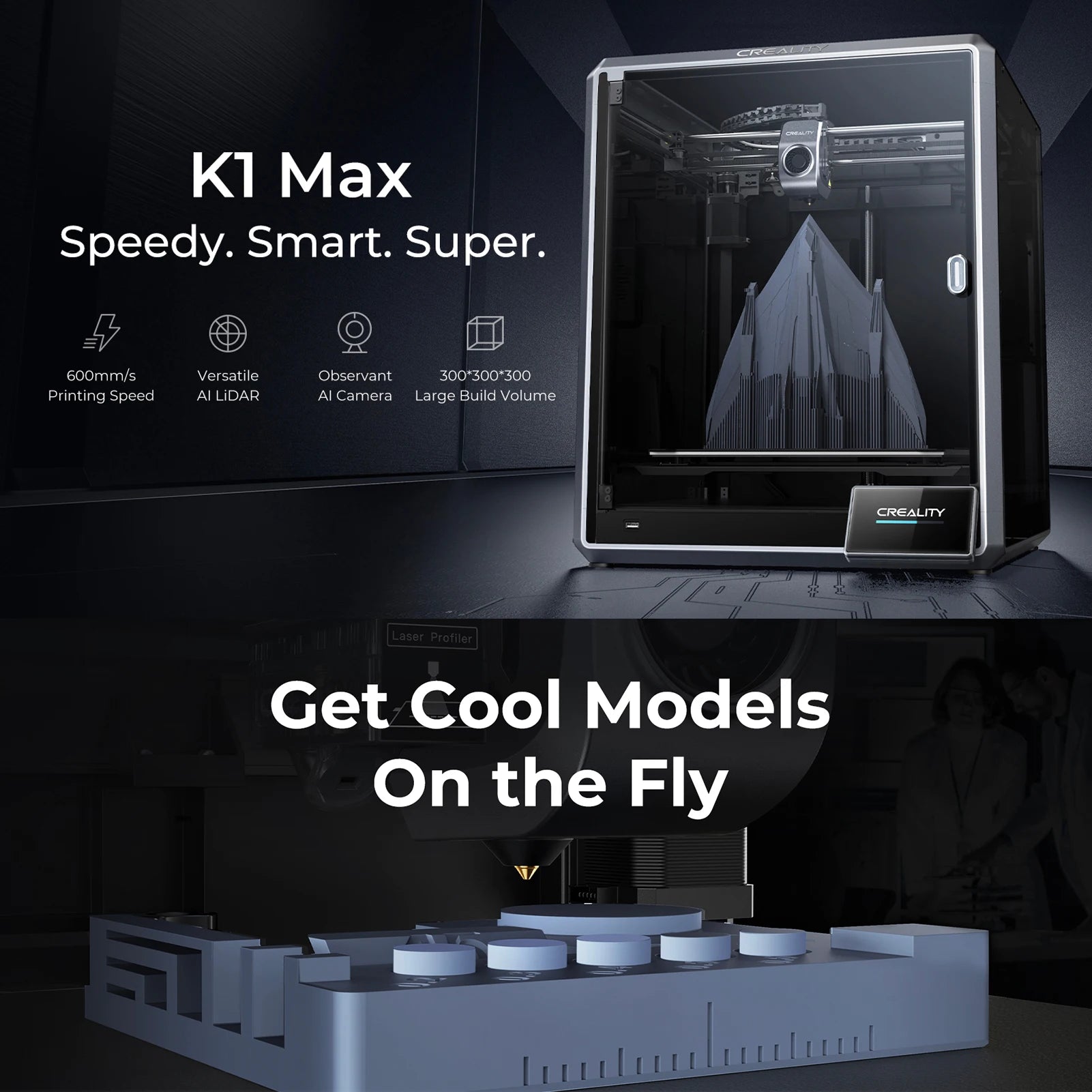 Creality K1 Max FDM 3D Printer CoreXY 600mm/s Printing Speed Large Flow Hotend Buit-in AI LiDAR and AI Camera 300x300x300mm by S And B Enterprise