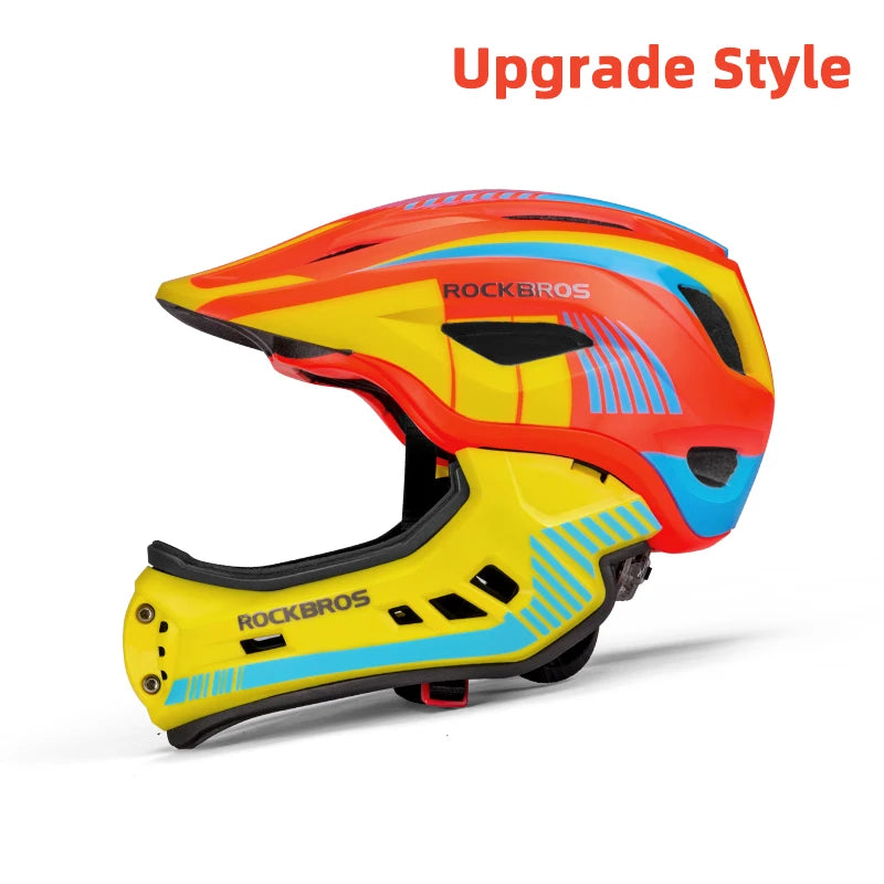 ROCKBROS child full-face cycling helmet, detachable cross helmet in yellow with red and blue accents.