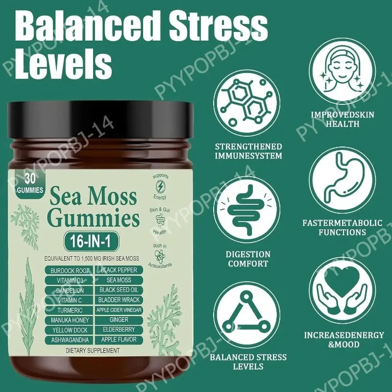 Sea Moss Gummies bottle, 30 gummies, 16‑IN‑1 botanical blend, Apple flavor, daily wellness supplement