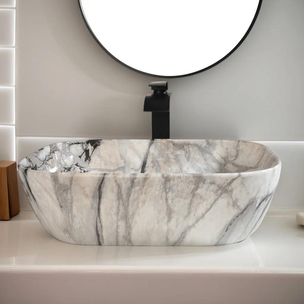 Torayvino Marble Pattern Ceramic Vessel Sink Set Matte Faucet