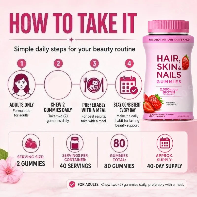 Hair Skin Nails Gummies with Biotin 2500 Mcg Vitamins A C E Strawberry Flavored Daily Beauty Support 80 Gummies by S And B Enterprise