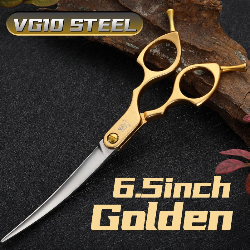 Fenice professional 6.5-inch curved grooming scissors in gold VG10 steel for dogs and cats